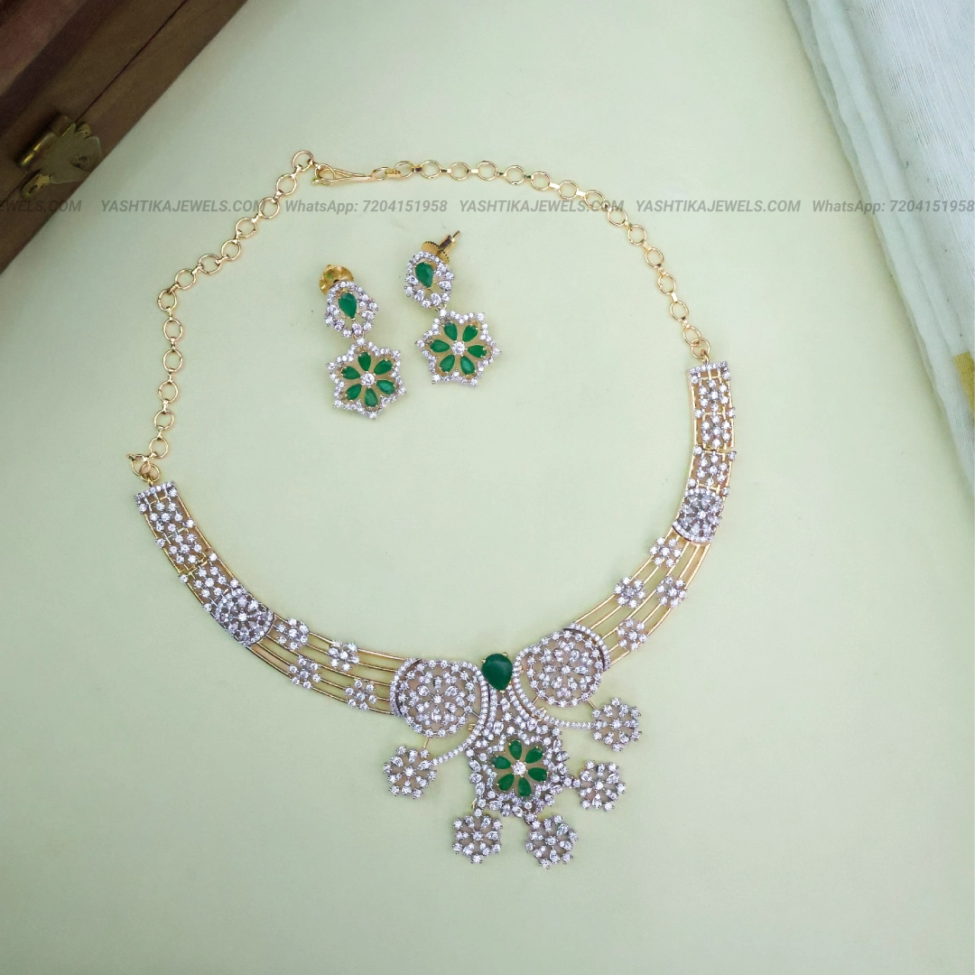 Nira Floral Green Stone CZ Necklace Set with Earrings | Party Wear