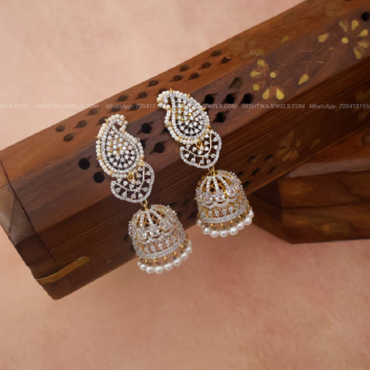 Kushboo Jhumka | Gold-Tone Paisley CZ Stone Jhumka with White Pearl Beaded Fringe