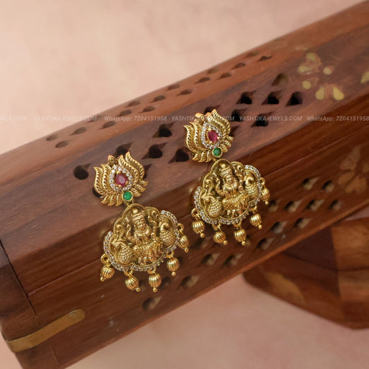 Lotus Lakshmi Chandballi Earrings with Ruby Red and Green Stones