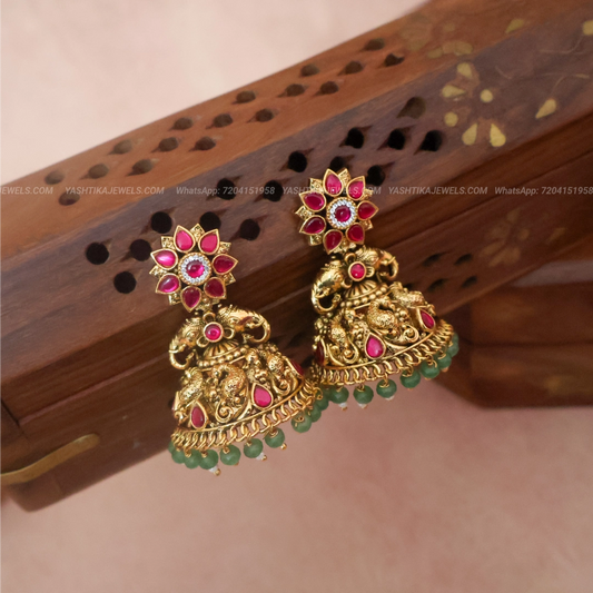 Antique Gold Temple Jhumka with Ruby Jadau Stones and Strawberry Bead Drops