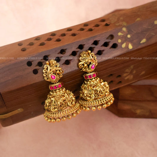 Peacock Bridal Jhumka  with Jadau Kundan Stones | Antique Gold Bold Jhumka