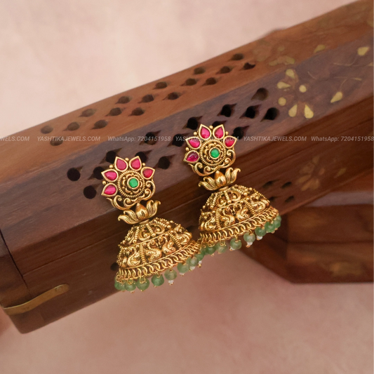 Lotus Antique Gold Jhumka with Pink and Green Jadau Stones | Bold Bridal Jhumka