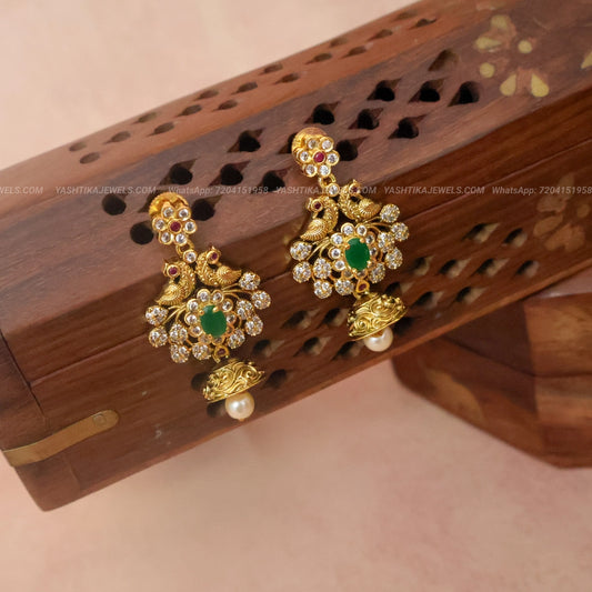 Antique Gold Green Stone Chandballi Earrings | Floral Pearl Drop
